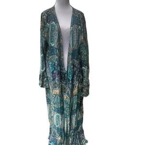 Paisley Kimono Teal Blue Maxi Bell Sleeve Tie Waist XL Bohemian Cardigan
